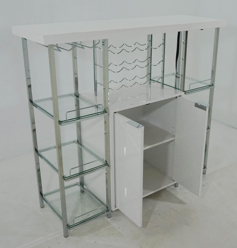 Gallimore 2-door Bar Cabinet with Glass Shelf High Glossy White and Chrome