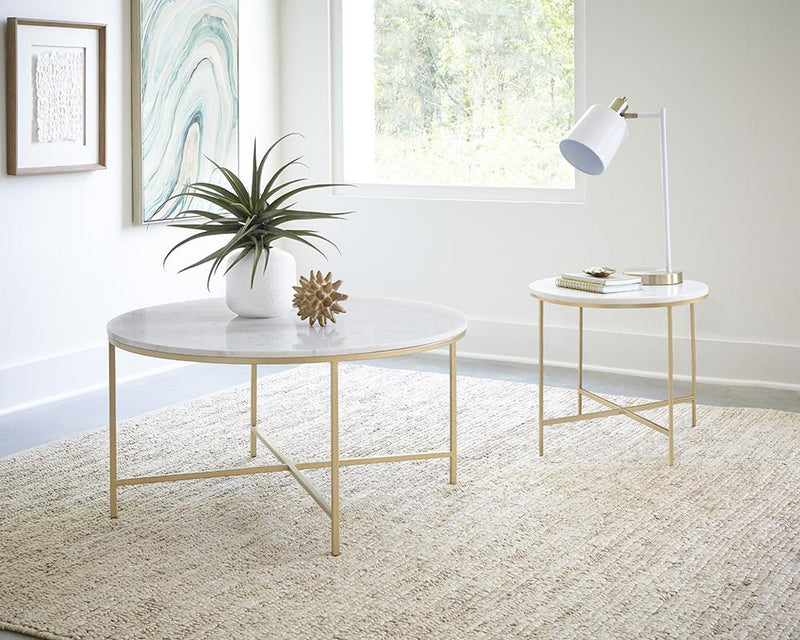 Ellison Round X-cross End Table White and Gold